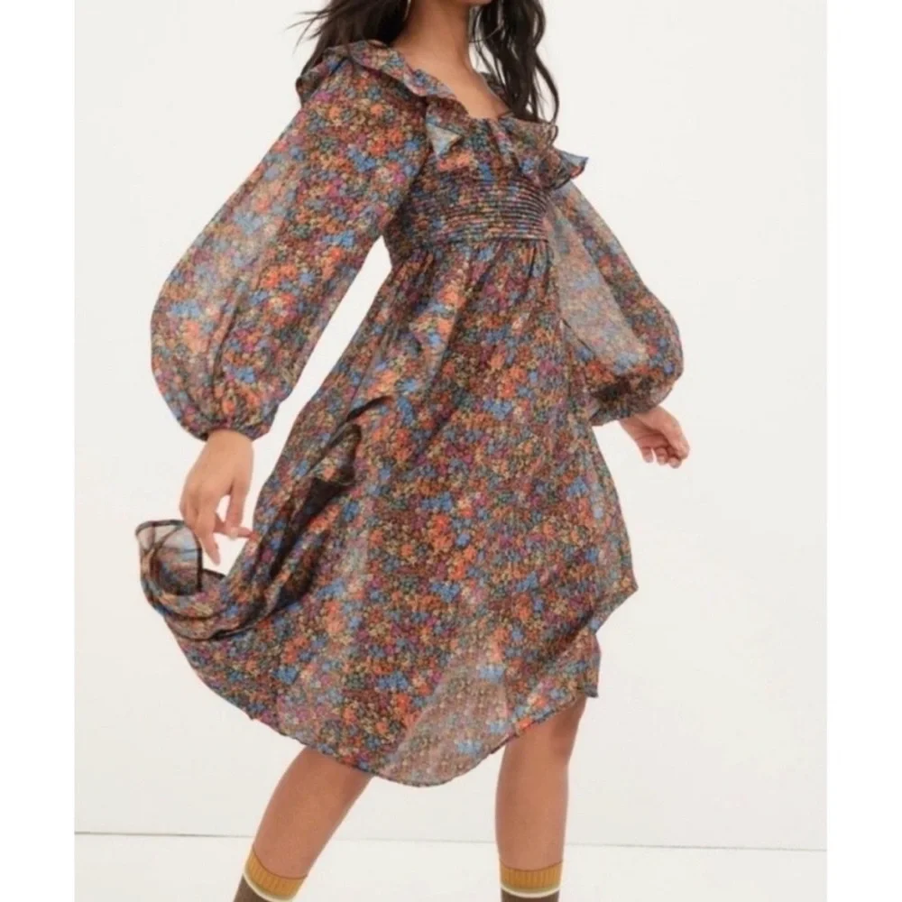 NWT For Love & Lemons Brittany Floral Print Long Sleeve Midi Dress Size M - Picture 3 of 13